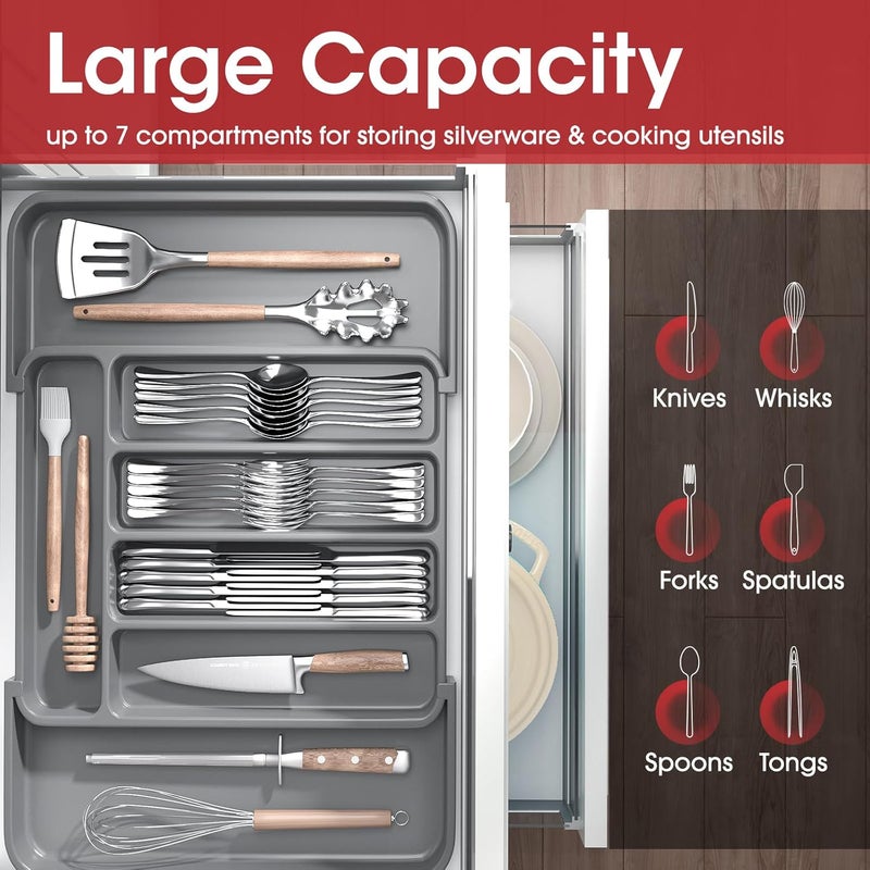 AUJEN Silverware Organizer - Expandable Kitchen Drawer Organizer, Adjustable Utensil Organizer, Cutlery Tray for Forks, Knives, Multipurpose Kitchen Organizers and Storage Solution, Grey, Medium - Image 3
